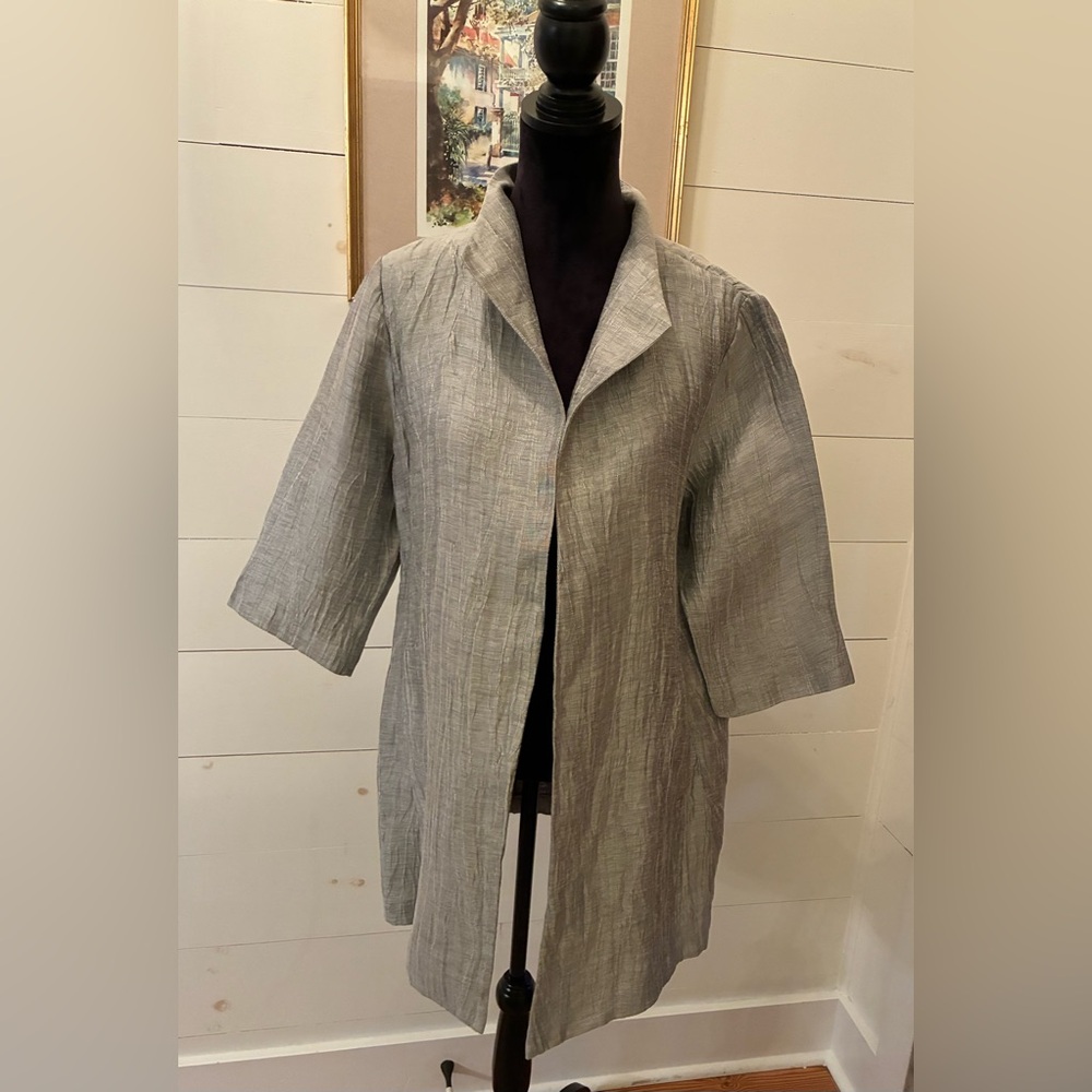 EILEEN FISHER Italian Linen Blend Stand Collar Coat Jacket L Gray like new